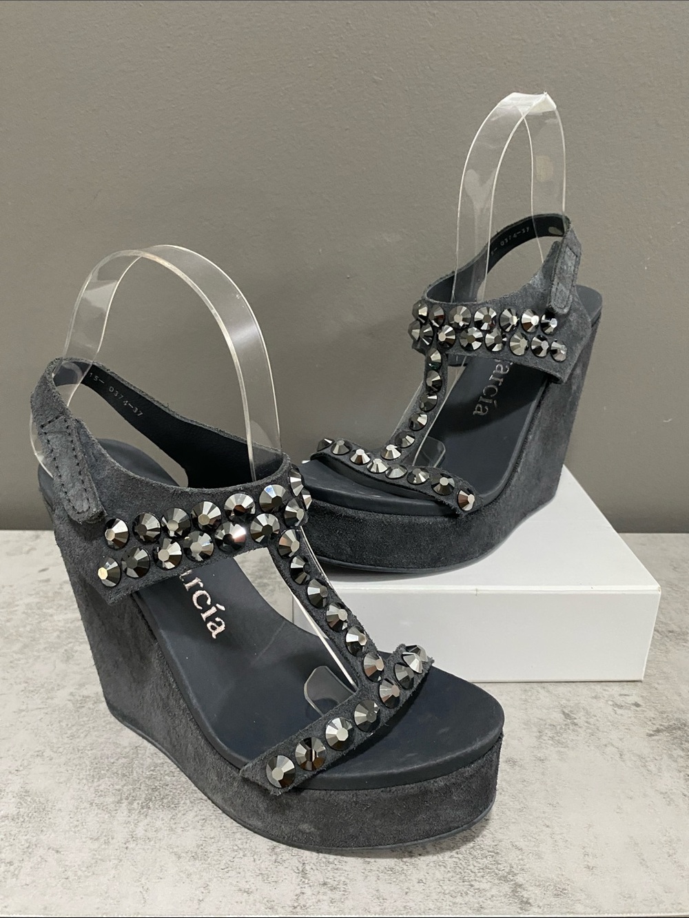 Pedro Garcia Swarovski Crystals Black Suede Platform Wedge Sandals Size 37 US 7